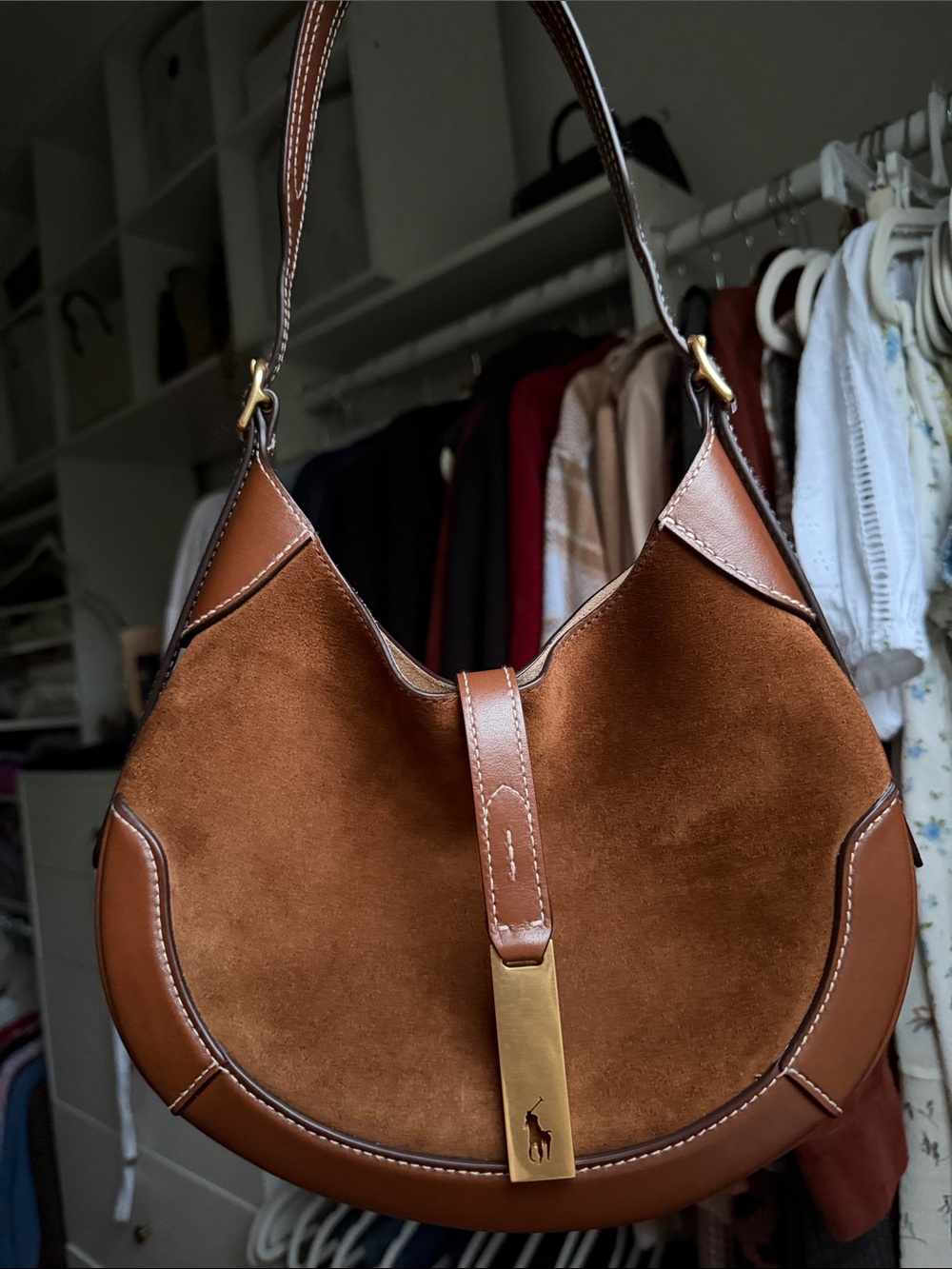 Ralph Lauren Polo ID Suede & Leather Hobo with Gold Hardware - Small
